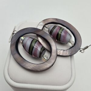 Sterling Silver 925 Oval Dangle Earrings Purple Shell Glass Bead